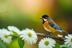 a bird sits on a branch with white flowers. AI-Generated photo