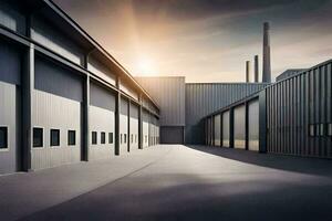 an industrial building with a sun setting behind it. AI-Generated photo