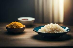 rice and spices in bowls on a wooden table. AI-Generated photo