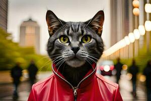 a cat wearing a red jacket in the city. AI-Generated photo