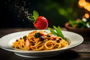 a plate of pasta with a strawberry and a sprinkle of salt. AI-Generated photo
