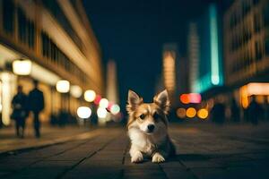 un perro sentado en el suelo en un ciudad a noche. generado por ai foto