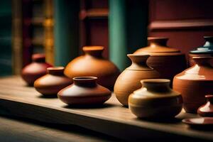 a row of brown vases on a shelf. AI-Generated photo