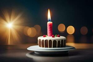 a single candle on a birthday cake. AI-Generated photo