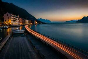 a long exposure photo of a bridge over water and mountains. AI-Generated