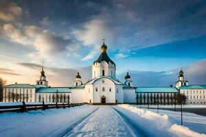 el blanco Iglesia es rodeado por nieve. generado por ai foto