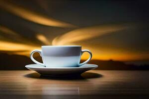 a cup of coffee on a table with a sunset in the background. AI-Generated photo