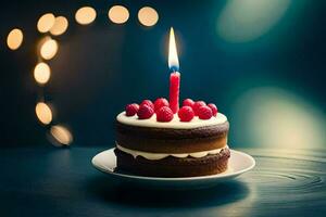 a birthday cake with one lit candle. AI-Generated photo