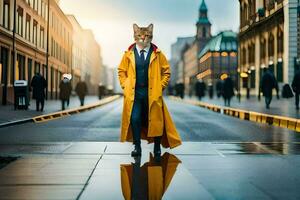 un zorro en un amarillo impermeable caminando abajo un ciudad calle. generado por ai foto