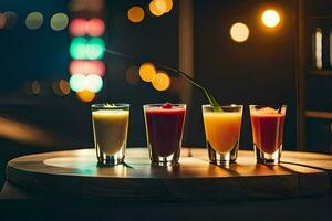un fila de bebidas en un mesa en frente de un iluminado antecedentes. generado por ai foto