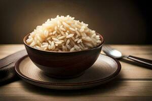 a bowl of brown rice on a wooden table. AI-Generated photo