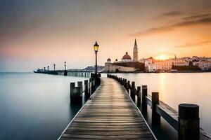 a wooden pier stretches out into the water at sunset. AI-Generated photo