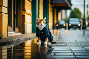 a cat in a raincoat standing on a wet street. AI-Generated photo