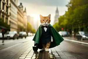a cat dressed as a gentleman walking down a street. AI-Generated photo