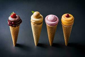 four ice cream cones with different flavors. AI-Generated photo