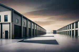 a large warehouse with two doors and a sky. AI-Generated photo