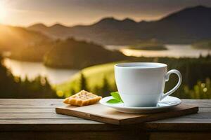 a cup of coffee and a biscuit on a wooden table in front of a mountain view. AI-Generated photo