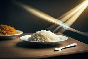 a plate of rice and a spoon on a table. AI-Generated photo
