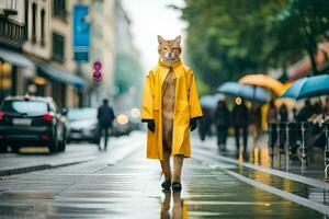 a fox wearing a yellow raincoat on a city street. AI-Generated photo