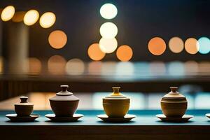 a row of teapots lined up on a table. AI-Generated photo