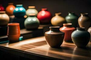 a row of colorful vases on a table. AI-Generated photo