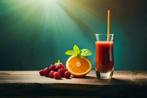 un vaso de jugo con frambuesas y naranjas en un de madera mesa. generado por ai foto