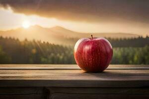 a red apple on a wooden table in front of a sunset. AI-Generated photo