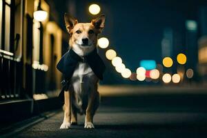 un perro en pie en el calle a noche. generado por ai foto