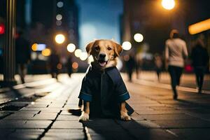 a dog wearing a jacket sitting on the street at night. AI-Generated photo