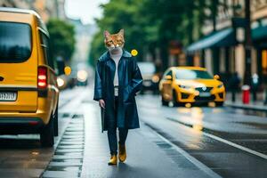 a woman wearing a cat mask walks down a street. AI-Generated photo