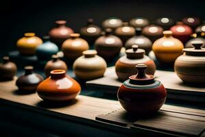 a row of colorful vases on a table. AI-Generated photo