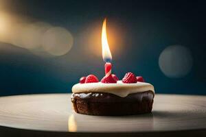 a small chocolate cake with a single candle. AI-Generated photo