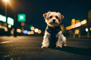 a small dog sitting on the street at night. AI-Generated photo