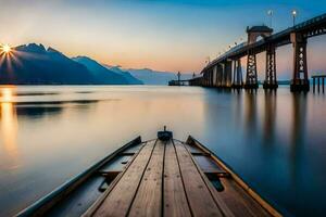 a boat is docked at the end of a pier at sunset. AI-Generated photo