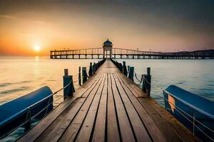 a pier with boats at sunset. AI-Generated photo