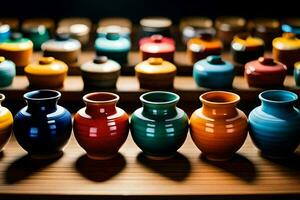 a row of colorful vases on a wooden table. AI-Generated photo