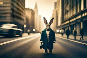 a rabbit in a suit and tie standing in the middle of a city street. AI-Generated photo