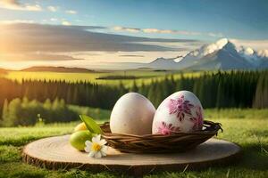 easter eggs in a basket on a grassy field with mountains in the background. AI-Generated photo