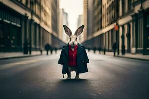 a rabbit wearing a coat and tie standing in the middle of a city street. AI-Generated photo