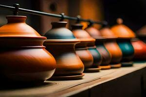 a row of colorful pots on a shelf. AI-Generated photo