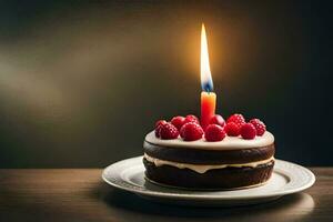 a chocolate cake with a single candle on top. AI-Generated photo