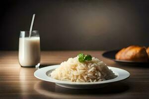 a plate of rice and a glass of milk. AI-Generated photo