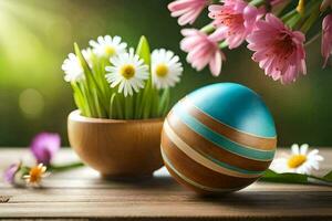 easter egg in a vase with flowers. AI-Generated photo