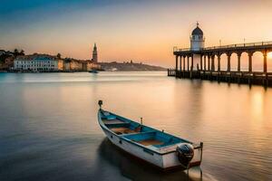 a boat sits in the water at sunset. AI-Generated photo