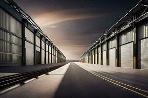 a long empty warehouse with a sky background. AI-Generated photo