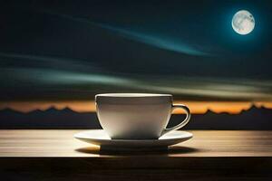 a cup of coffee on a table with a full moon in the background. AI-Generated photo