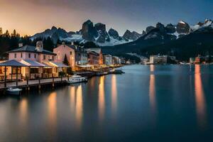 el lago a oscuridad con montañas en el antecedentes. generado por ai foto