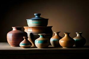 a group of vases and bowls are sitting on a table. AI-Generated photo