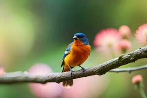 a blue and orange bird sits on a branch. AI-Generated photo