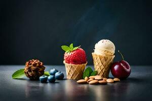 photo wallpaper ice cream, berries, almonds, cherry, strawberry, ice cream, the dark,. AI-Generated